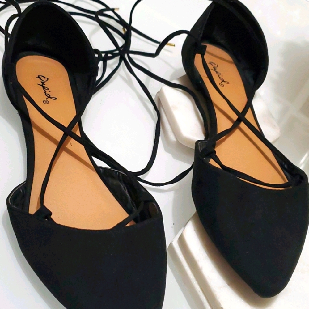 QUPID Lace Up Ballerina Suede Flats Sz.8